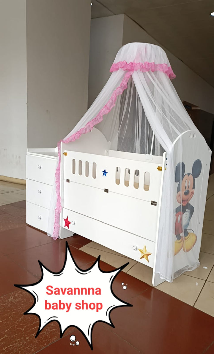 2 x 4 Feet MDF Baby Cot with Net and a 2x3 Matching MDF Chest of Drawers Set