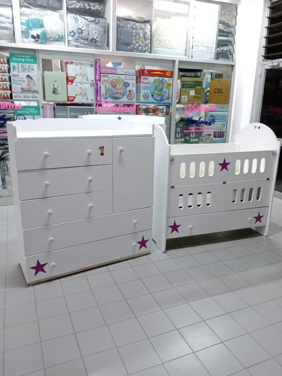 4 x 4 feet MDF Chest of Drawers and a 2 x 4 Matching Baby cot.