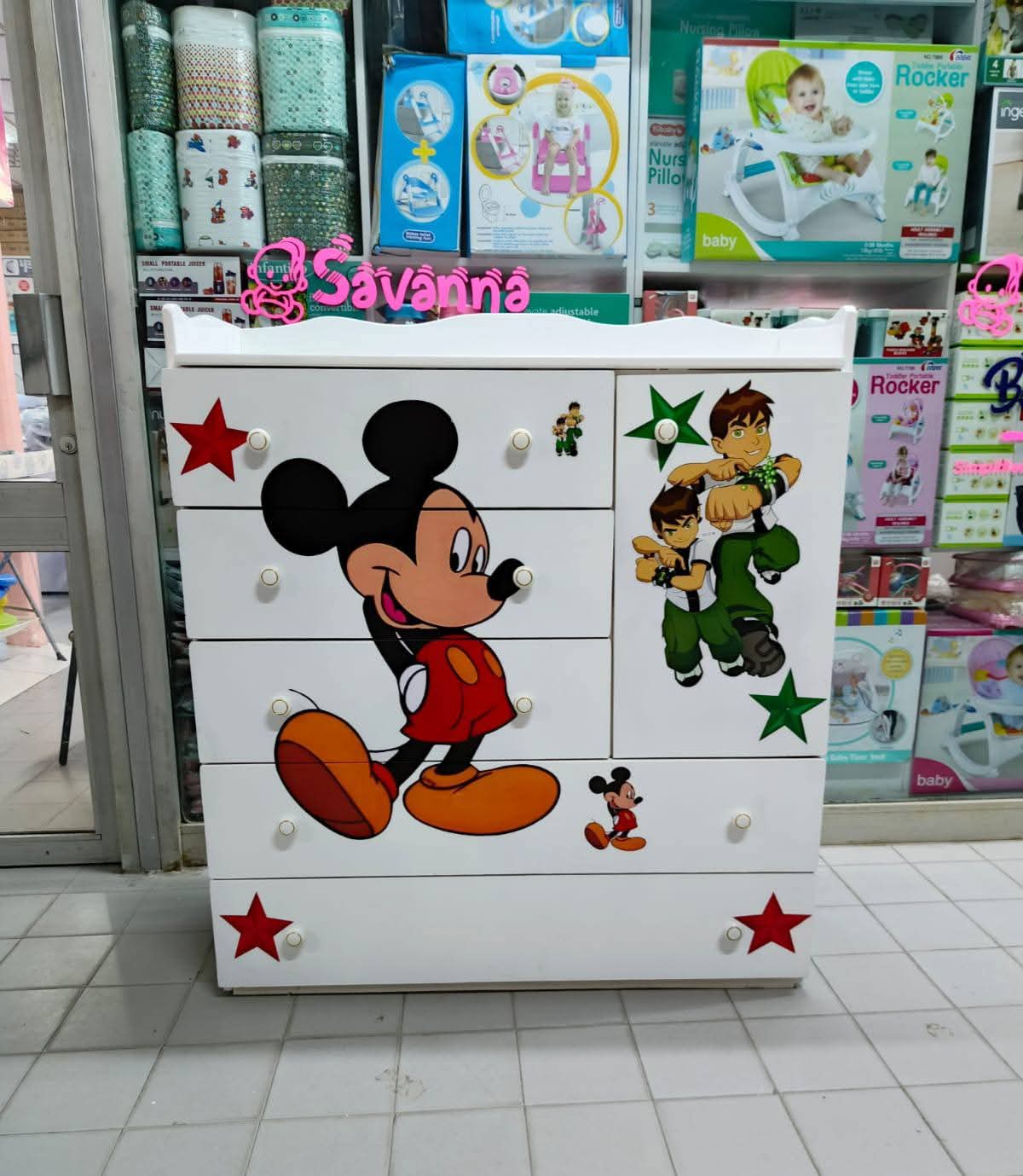 Cartoon-themed wooden chest of drawers for children's nurseries.