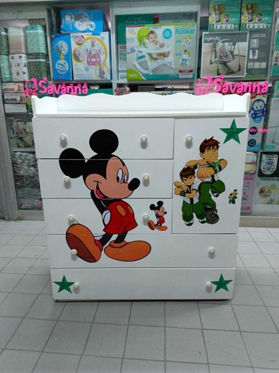 Cartoon-themed wooden chest of drawers for children's nurseries.