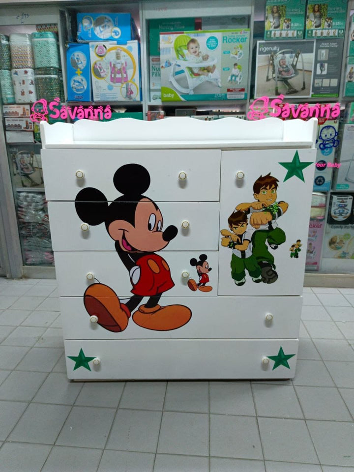 Cartoon-themed wooden chest of drawers for children's nurseries.